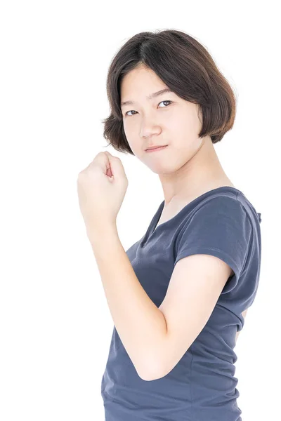 Cabello corto femenino joven con camiseta gris en blanco —  Fotos de Stock