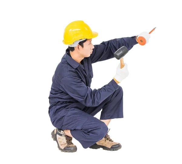 Man hold hammer and cold chisel on white — Stock Photo, Image
