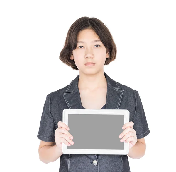 Woman holding up  blank tablet computer — Stock Photo, Image