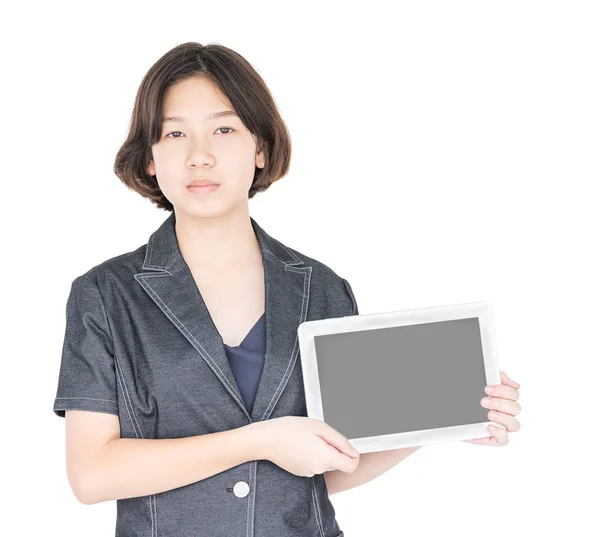 Woman holding up  blank tablet computer — Stock Photo, Image