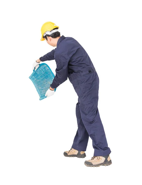 Young worker hold Hod or clam-shell shaped basket — Stock Photo, Image