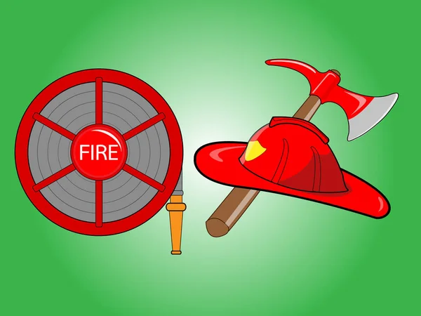 Capacete de bombeiro com machado cruzado Carretel de mangueira de fogo — Vetor de Stock