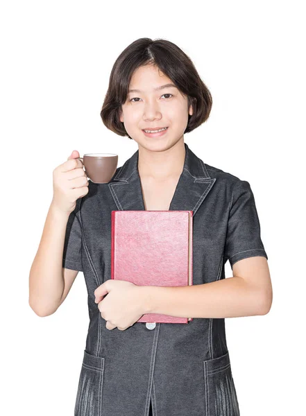 Young female short hair hold red book and coffee cup — Stock Photo, Image