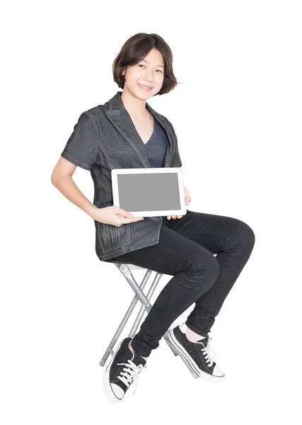 Women sit on chair with using mobile phone — Stock Photo, Image