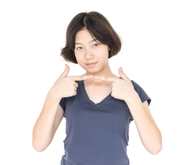 Cabello corto femenino joven con camiseta gris en blanco —  Fotos de Stock