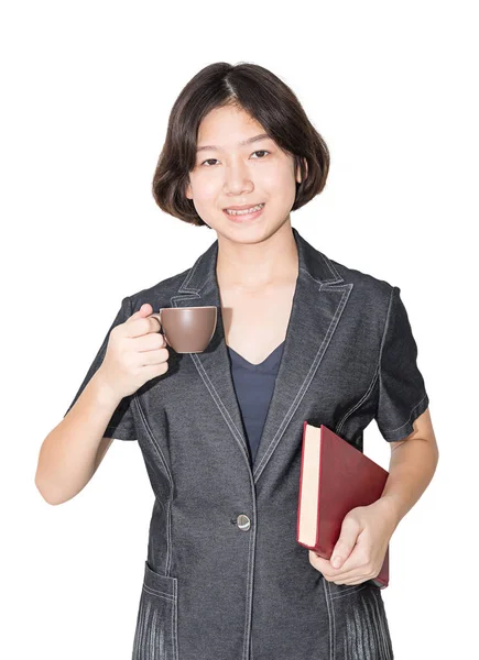 Young female short hair hold red book and coffee cup — Stock Photo, Image