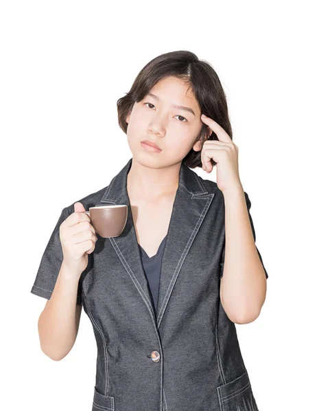 Fiatal női rövid haj hold csésze kávé — Stock Fotó