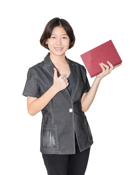 Young female short hair holding up red book — Stock Photo, Image