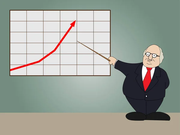 Geschäftsmann steht Präsentation progressive Pfeildiagramm. — Stockvektor