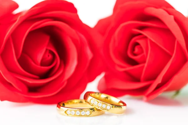 Close up Rose rosse e anelli d'oro su bianco — Foto Stock