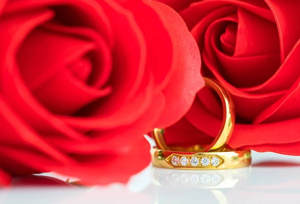 Närbild av röda rosor och guldringar på vit — Stockfoto