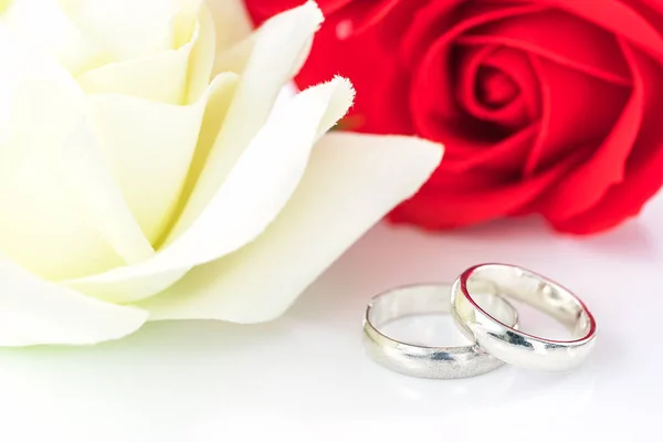 Rosa vermelha e anel de casamento em branco — Fotografia de Stock