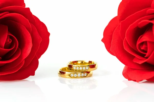 Rosas rojas y anillos de oro sobre blanco —  Fotos de Stock