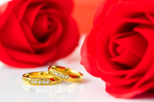 Rosas rojas y anillos de oro sobre blanco —  Fotos de Stock