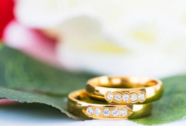 Anello in oro da vicino e rose rosse su bianco — Foto Stock