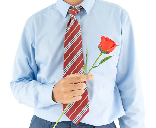 Man holding with red rose on white background — Stock Photo, Image