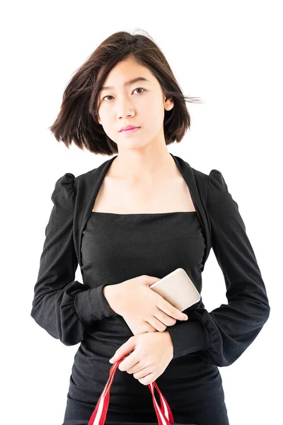 Woman Carrying Black Shopping Bag Isolate White Background — 스톡 사진