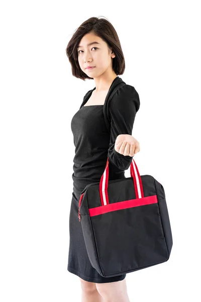 Woman Carrying Black Shopping Bag Isolate White Background Stock Picture