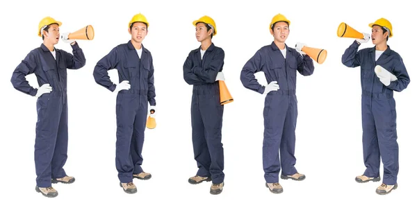 Trabajador Joven Con Casco Amarillo Gritando Para Anunciar Través Megáfono — Foto de Stock