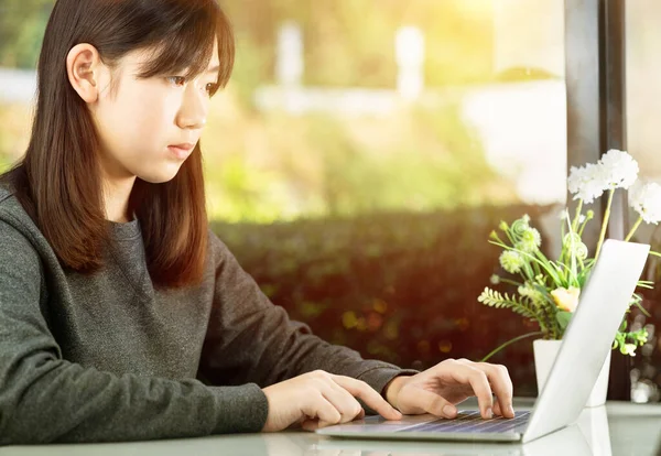 Teenage Student Using Laptop Doing Homework Home Learning Online Concept — 스톡 사진