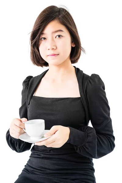 Young Woman Sittng Holding Coffee Cup White Background — 스톡 사진