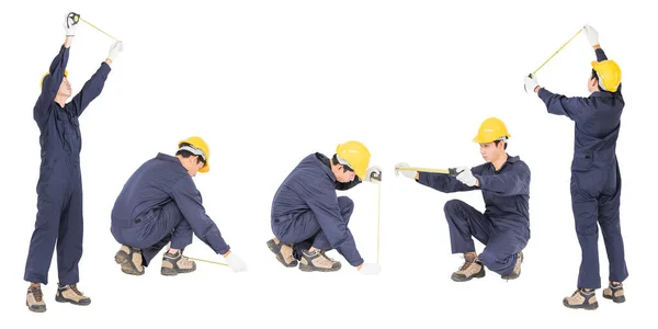 Ung Hantverkare Uniform Med Hjälp Tejp Mått Vitt Cutout Isolerad — Stockfoto