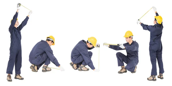 Joven Manitas Uniforme Usando Cinta Métrica Sobre Blanco Recorte Aislado —  Fotos de Stock