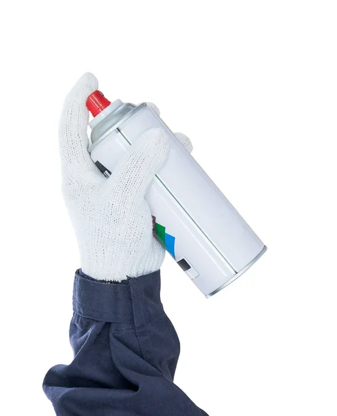 Ręka Robocza Rękawicy Trzymając Farbę Spray Może Izolować Się Białym — Zdjęcie stockowe