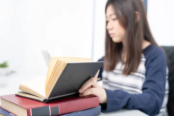 Young Female Long Hair Sitting Living Room Learning Online Using — Stock Photo, Image