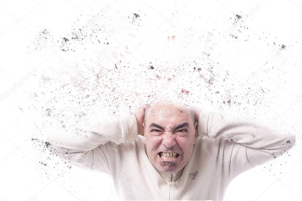 Man whose head explodes into a thousand pieces on a white background