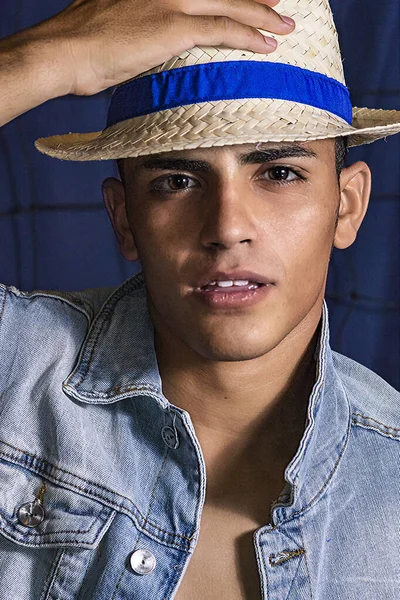 Young African Boy Straw Hat Denim Jacket — Stock Photo, Image