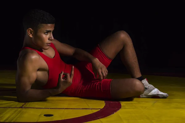 Wrestler Lying Fighting Mat — Stock Photo, Image