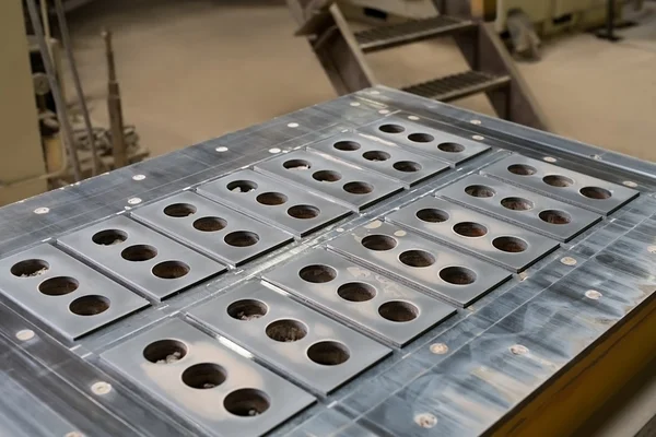 Moldes de metal para a produção de tijolos, close-up — Fotografia de Stock