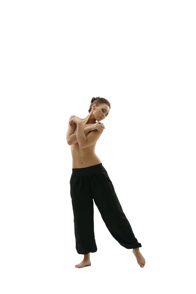 Full length photo of topless girl in wide trousers — Stock Photo, Image