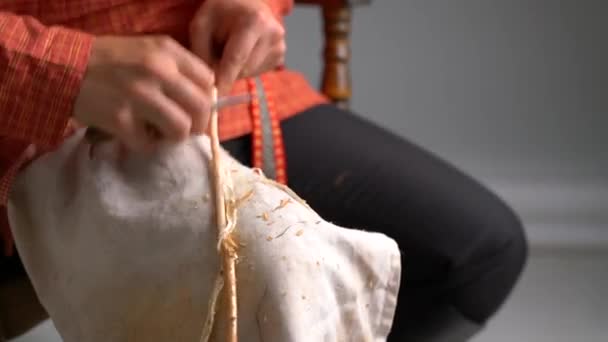 Vista do artesão limpa galho da casca — Vídeo de Stock