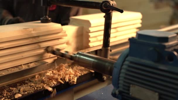 Sawmill. View of running machine tool with drill — Stock Video