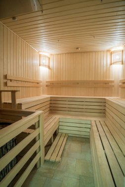 Sauna. Görüntü koltuk ile ahşap buhar odası