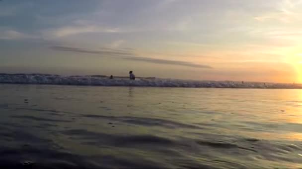 Vista dei vacanzieri che nuotano e corrono nell'oceano — Video Stock