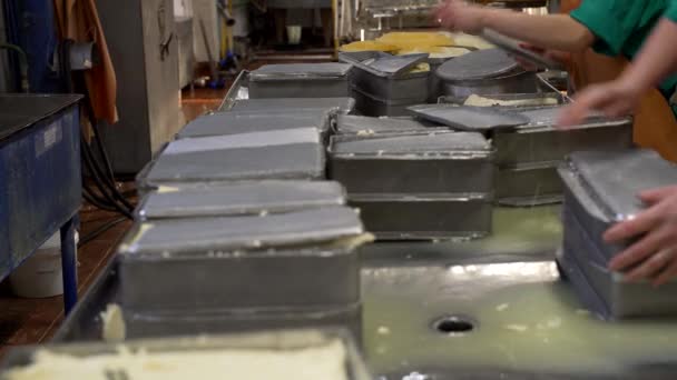 Metallboxen mit Butter im Milchwerk erschossen — Stockvideo