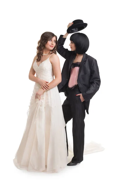 Wedding shoot of  female gay couple, isolated on white — Stock Photo, Image
