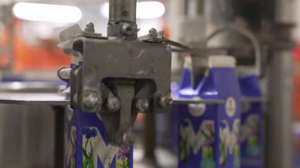 Εργοστάσιο γαλακτοκομικών προϊόντων γάλακτος μηχανή συσκευασίας στην εργασία — Αρχείο Βίντεο