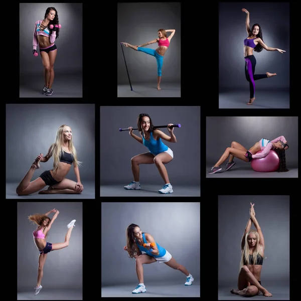 Štíhlé mladé ženy dělají fitness fotografické koláže — Stock fotografie