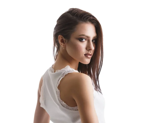 Sexy brunette in white lace top studio portrait — Stock Photo, Image