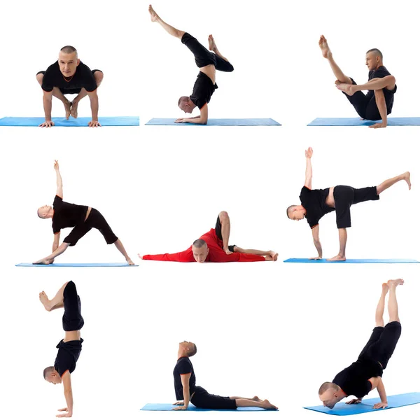 Set collection of sporty man doing yoga on white — Stock Photo, Image