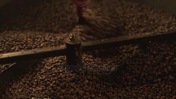 Свежий кофе смешивается в современной жаровне — стоковое видео