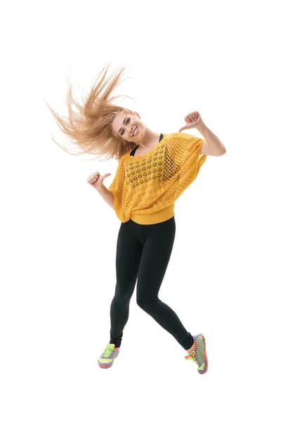 Pretty slim blonde dancing studio portrait — Stock Photo, Image