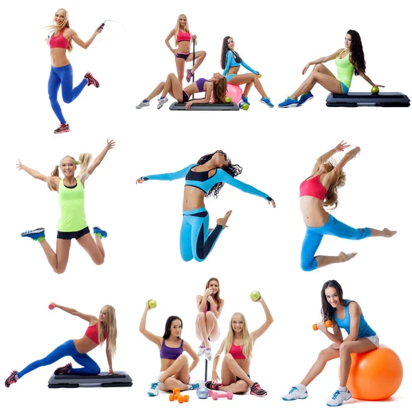 Junge Frauen machen Fitness-Collage — Stockfoto