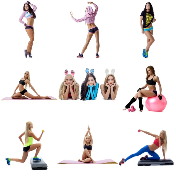 Jóvenes sexy mujeres haciendo fitness collage —  Fotos de Stock