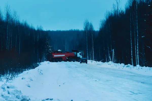 Camión de madera lleno de madera que conduce a lo largo de carretera nevada —  Fotos de Stock