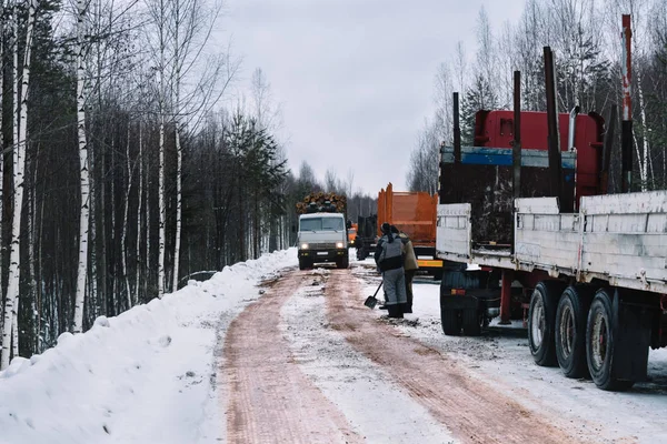 Timber truck loaded with logs driving snowy road